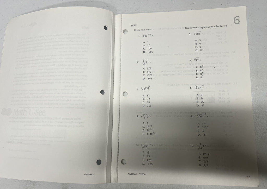 Math U See Algebra 2 Tests Test Booklet READ missing tests 1-52