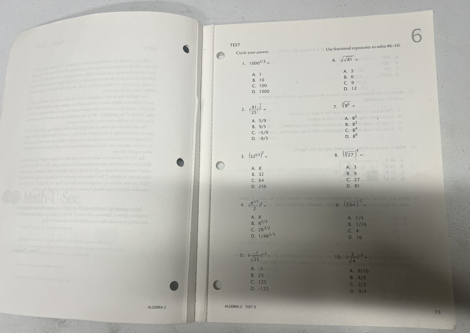 Math U See Algebra 2 Tests Test Booklet READ missing tests 1-52