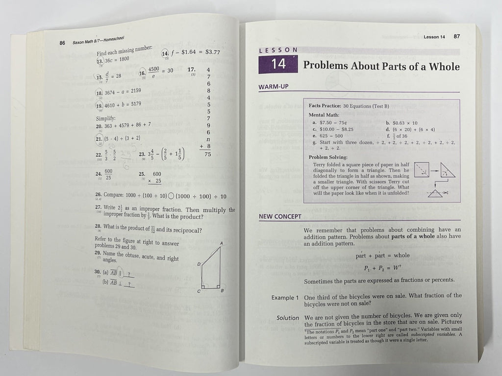 Saxon Math 8/7 complete set Textbook Solution Manual Tests and Worksheets5