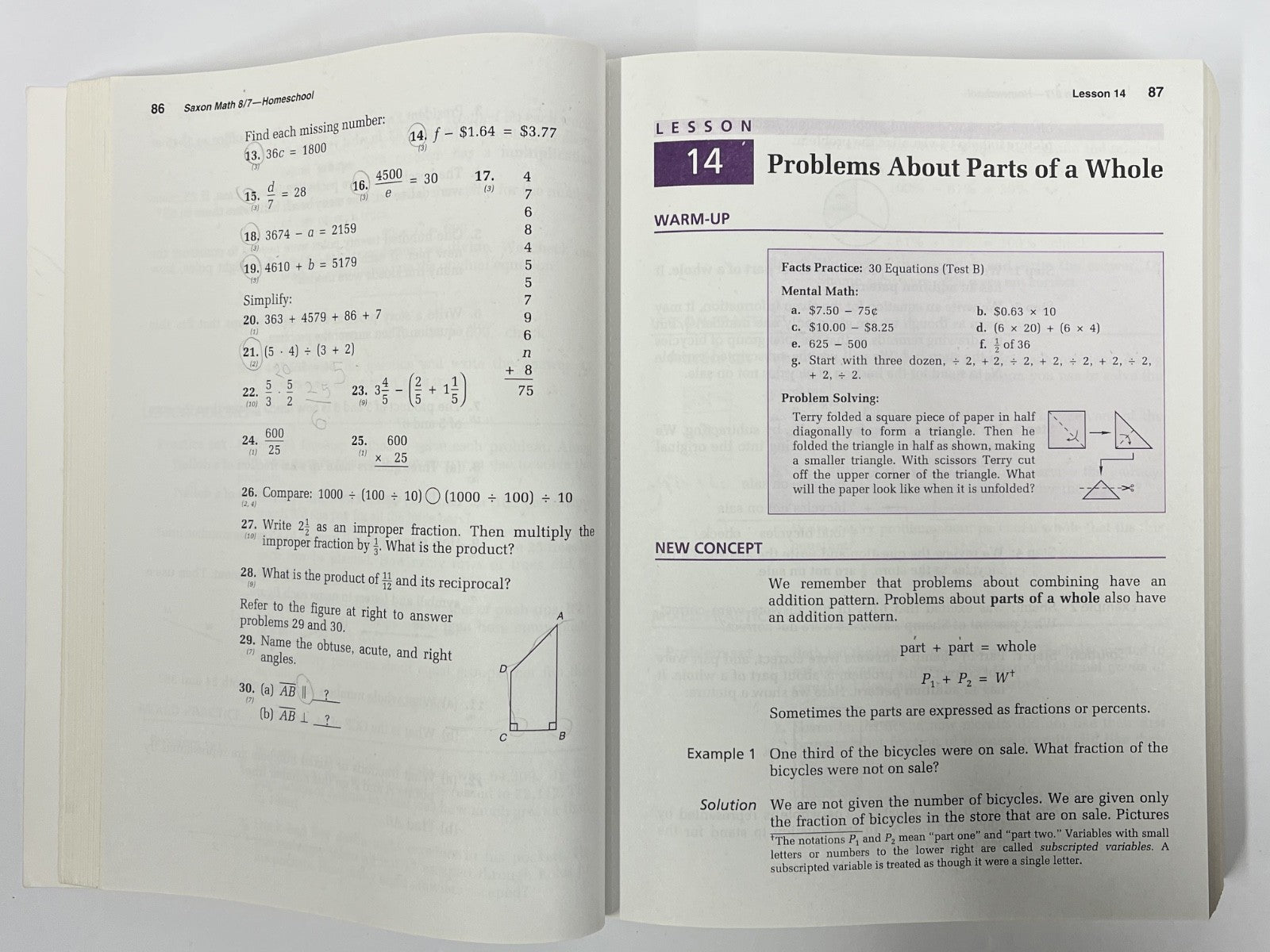 Saxon Math 8/7 complete set Textbook Solution Manual Tests and Worksheets5