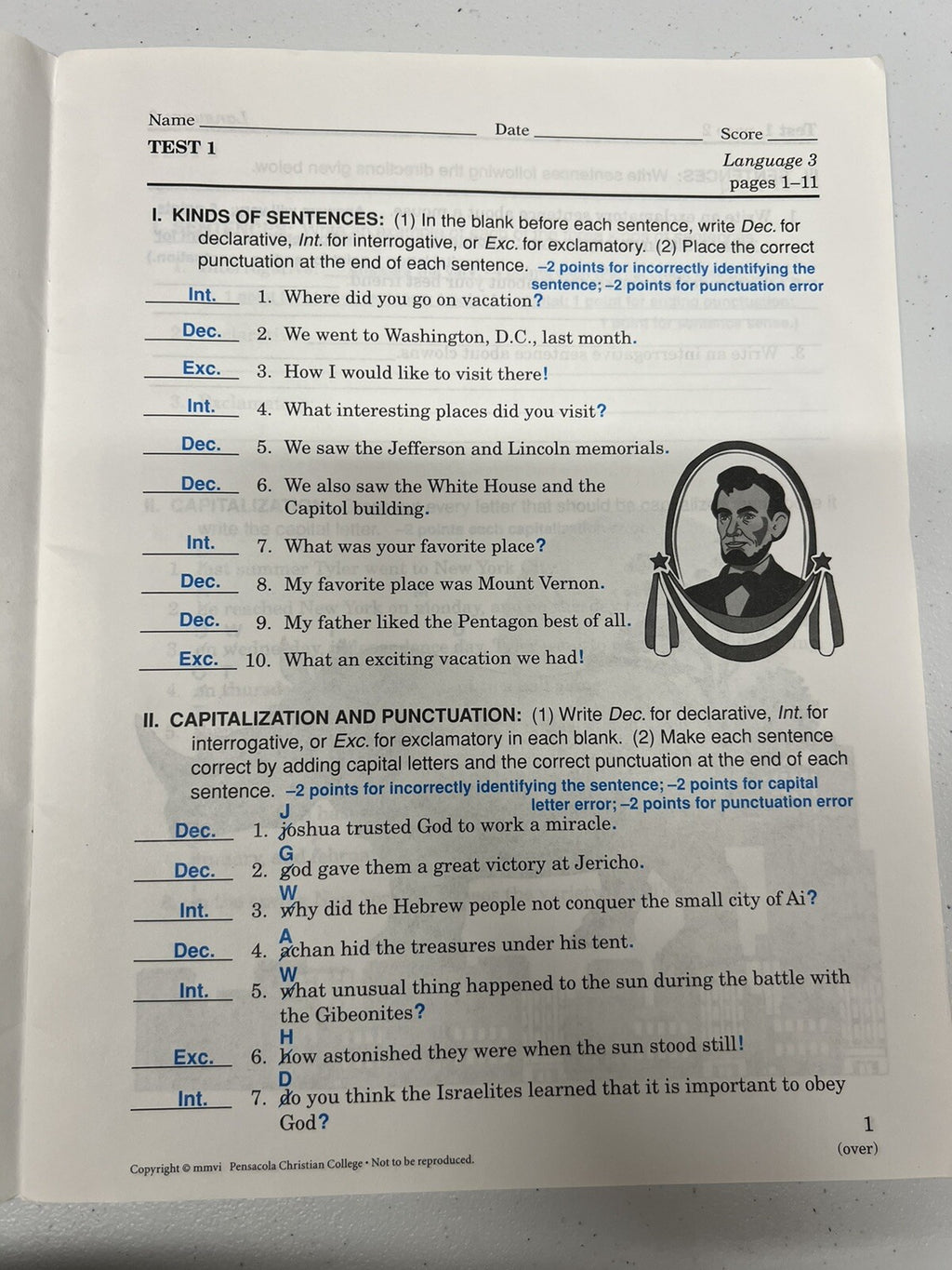 Abeka Language 3 TEST KEY 3rd grade homeschool2