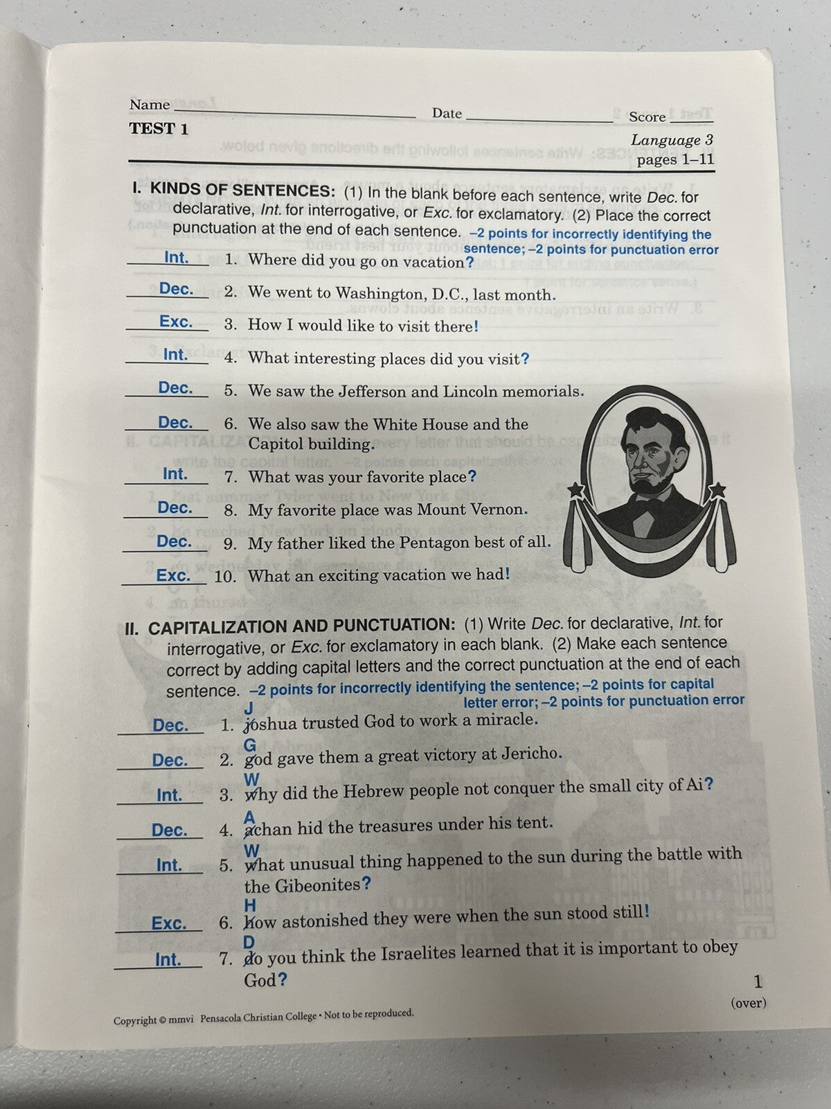 Abeka Language 3 TEST KEY 3rd grade homeschool2