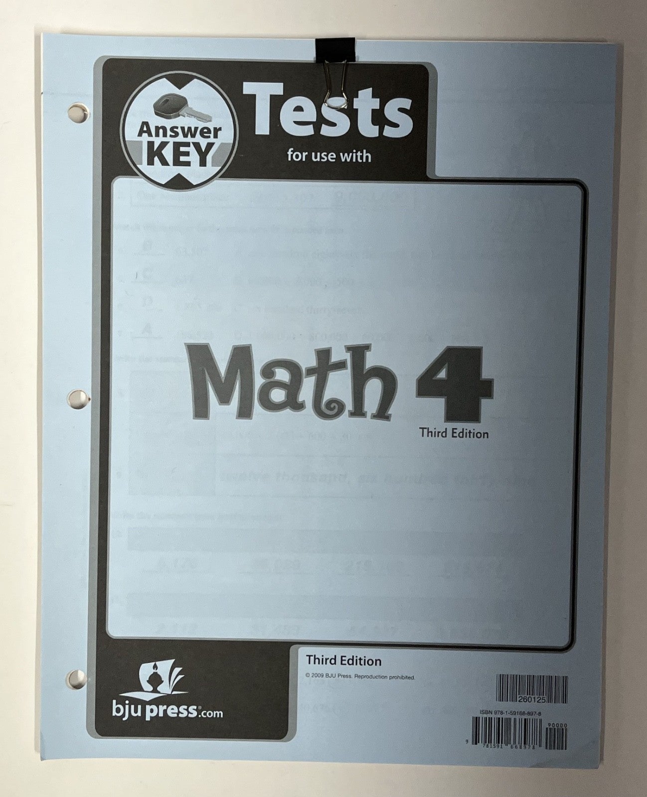 BJU Math 4 Tests Answer Key 3rd edition0