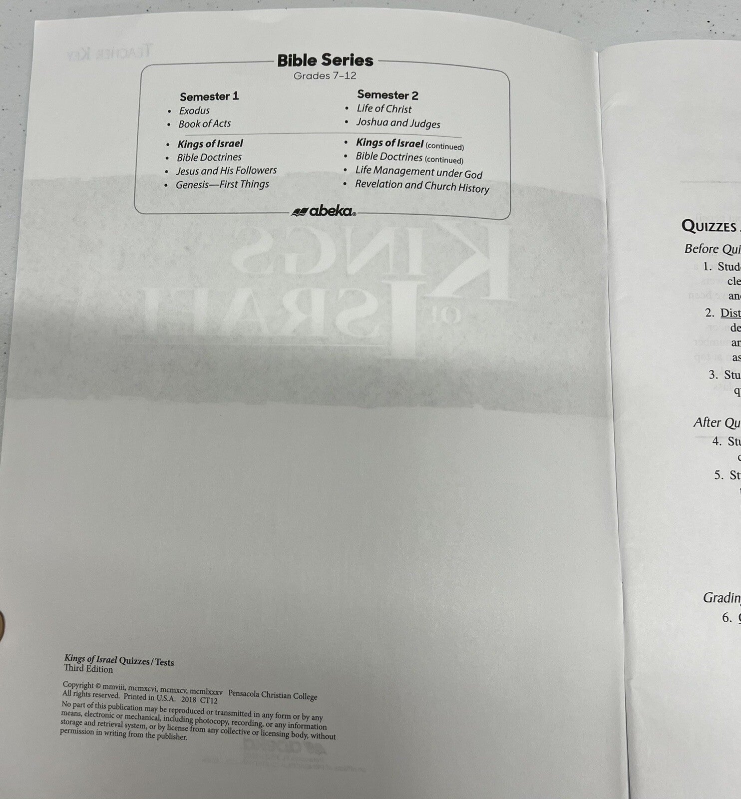 Abeka Kings of Israel Teacher Quiz Test Key Homeschool Bible1