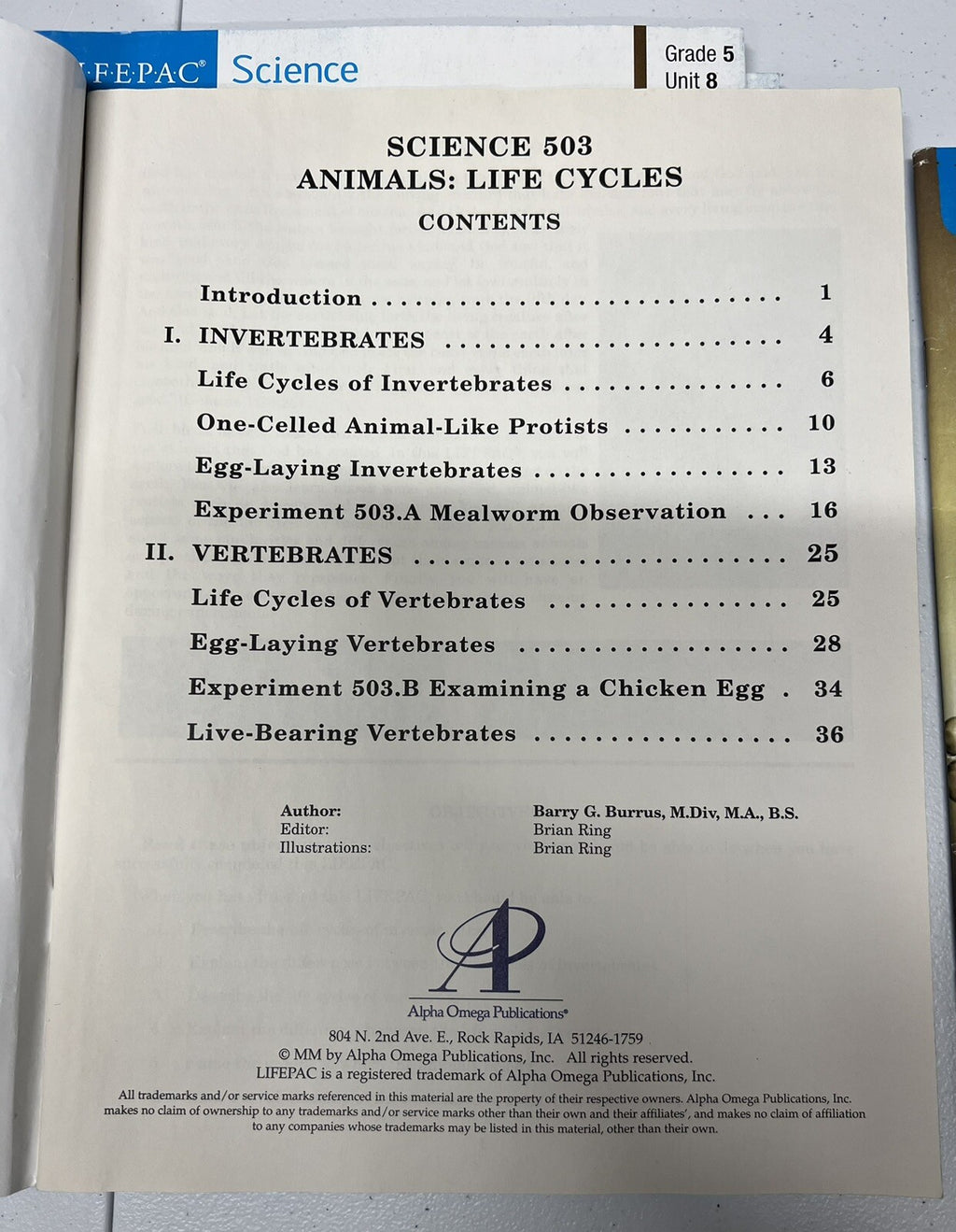 Lifepac Science Grade 5 Teacher’s Guide and Units 2, 3, 8, & 10 Alpha Omega4