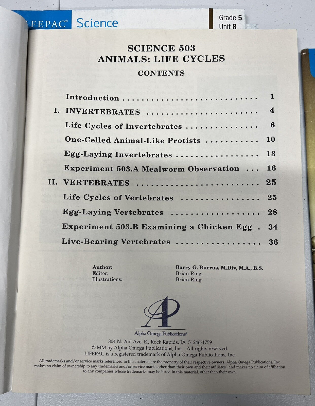 Lifepac Science Grade 5 Teacher’s Guide and Units 2, 3, 8, & 10 Alpha Omega4