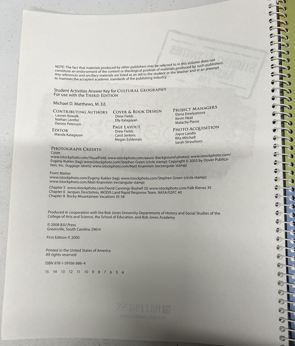 BJU Cultural Geography Student Activities Manual Answer Key third edition1