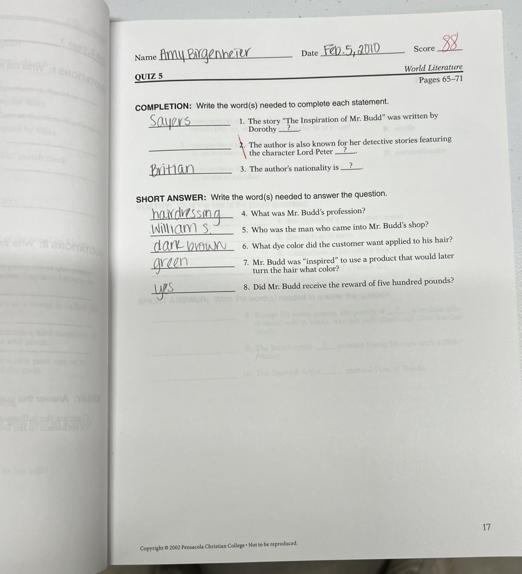 Abeka World Literature vol 4 10th gr Homeschool set Textbook, Tests Quiz & Key7