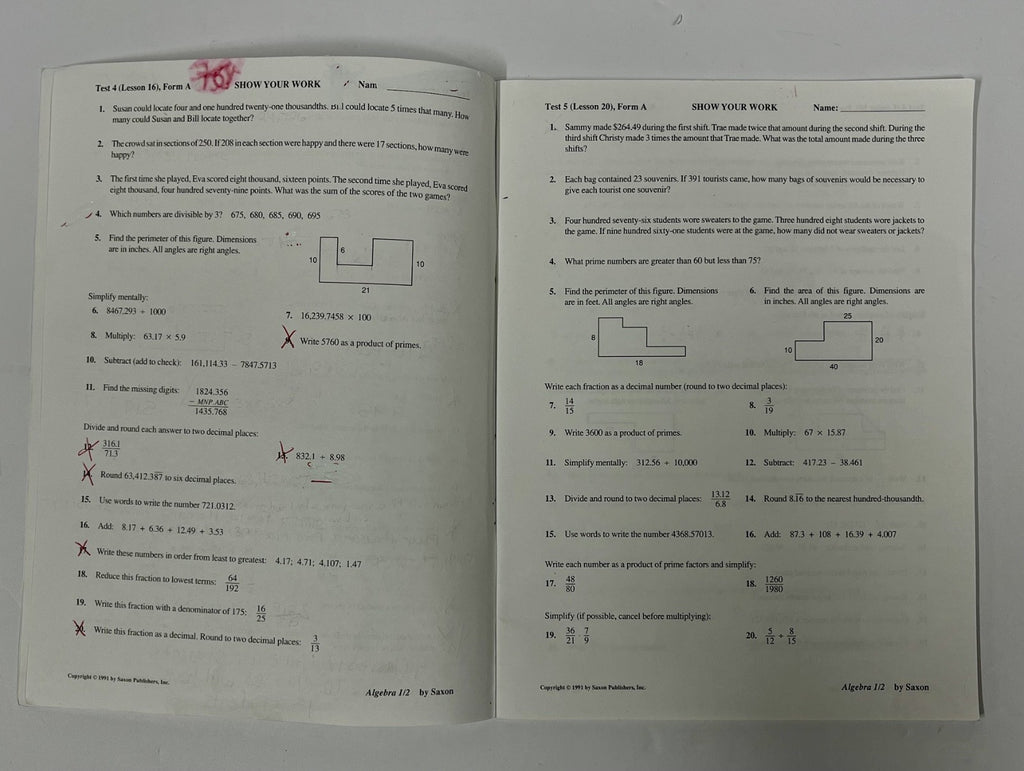 Saxon Algebra 1/2 Second Edition 2nd, set Homeschool math textbook tests packet4