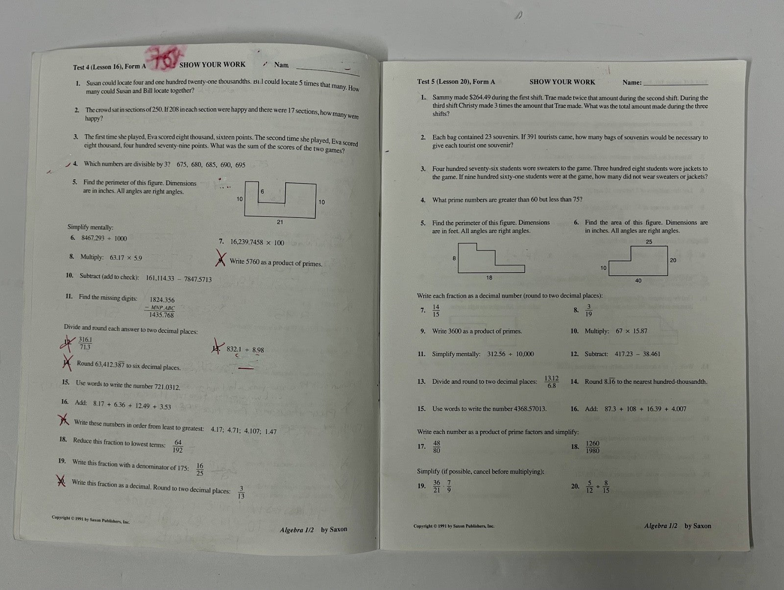 Saxon Algebra 1/2 Second Edition 2nd, set Homeschool math textbook tests packet4