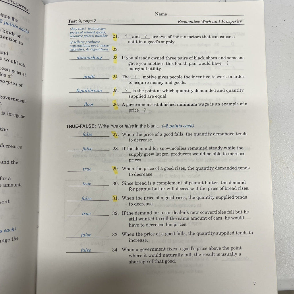 Abeka Economics Test Key Work and Prosperity  Teacher 12th Grade READ!2