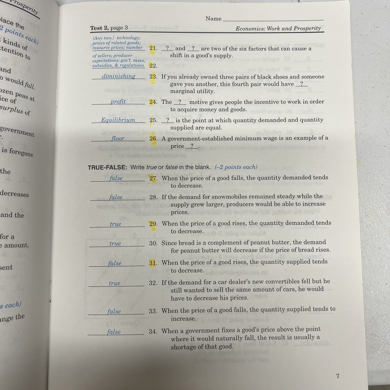 Abeka Economics Test Key Work and Prosperity  Teacher 12th Grade READ!2