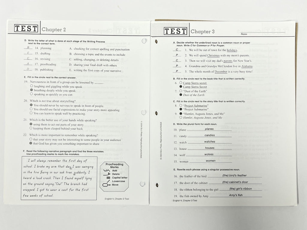 BJU English 4 answer key for tests  2nd edition2