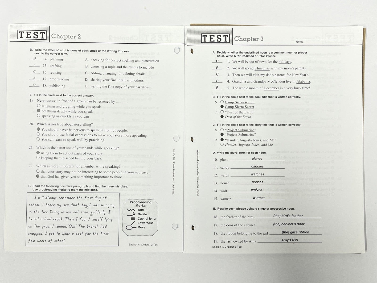 BJU English 4 answer key for tests  2nd edition2