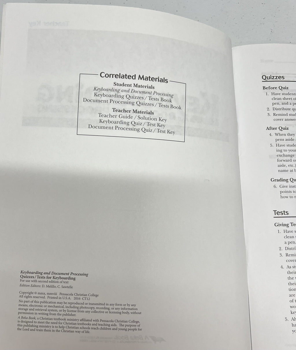 Abeka Keyboarding Teacher Quiz Test Key for current 2nd edition2