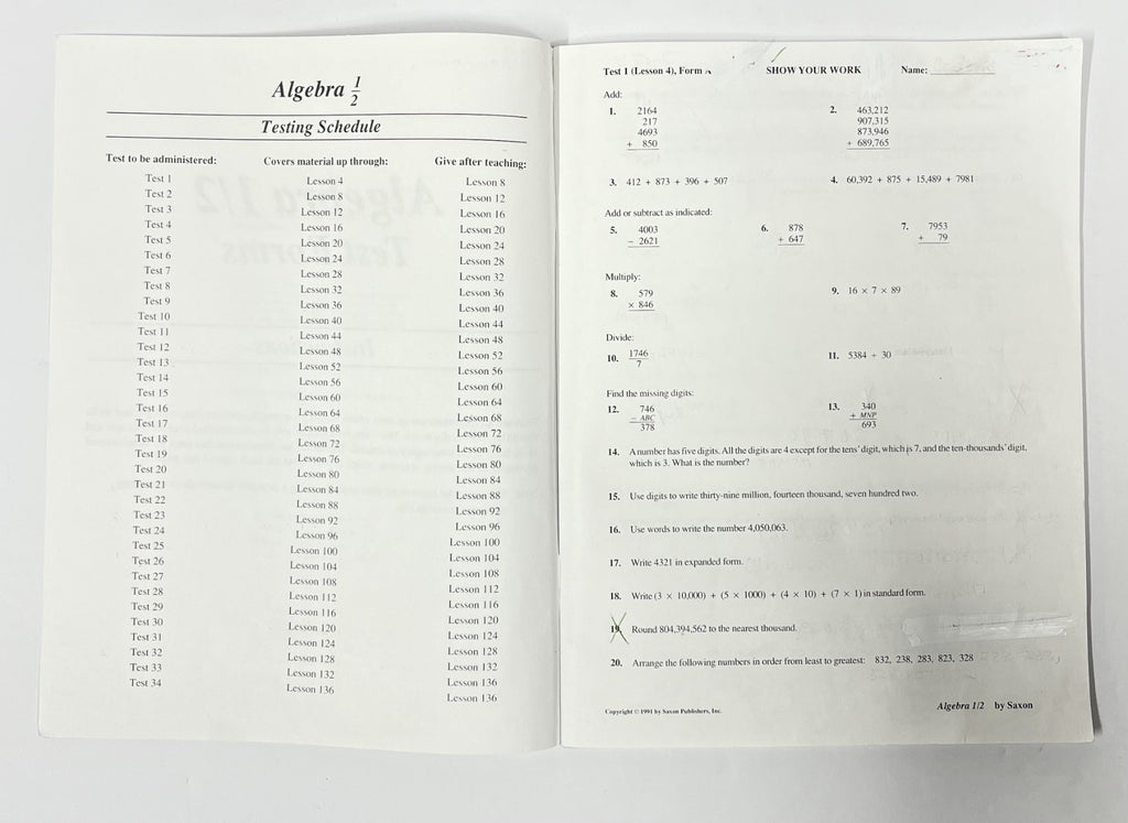 Saxon Algebra 1/2 Second Edition 2nd, set Homeschool math textbook tests packet3