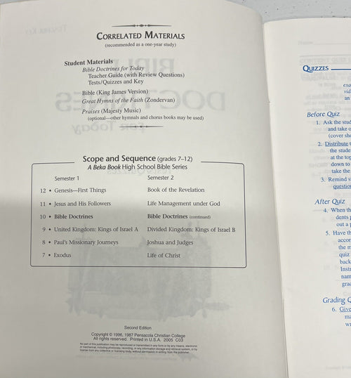 Abeka Bible Doctrines for Today Test Quiz KEY 10th grade homeschool 2nd edition1