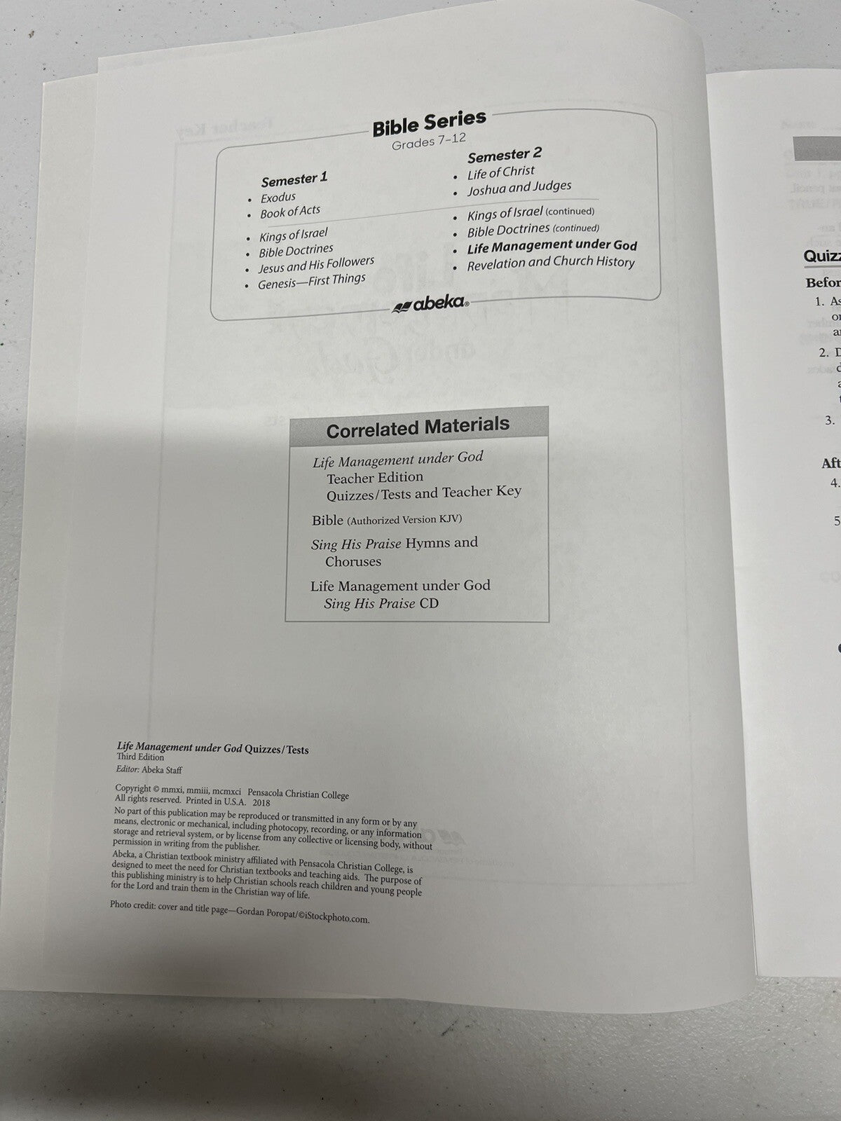Abeka Life Management under God Teacher Quiz Test Key for current third edition2
