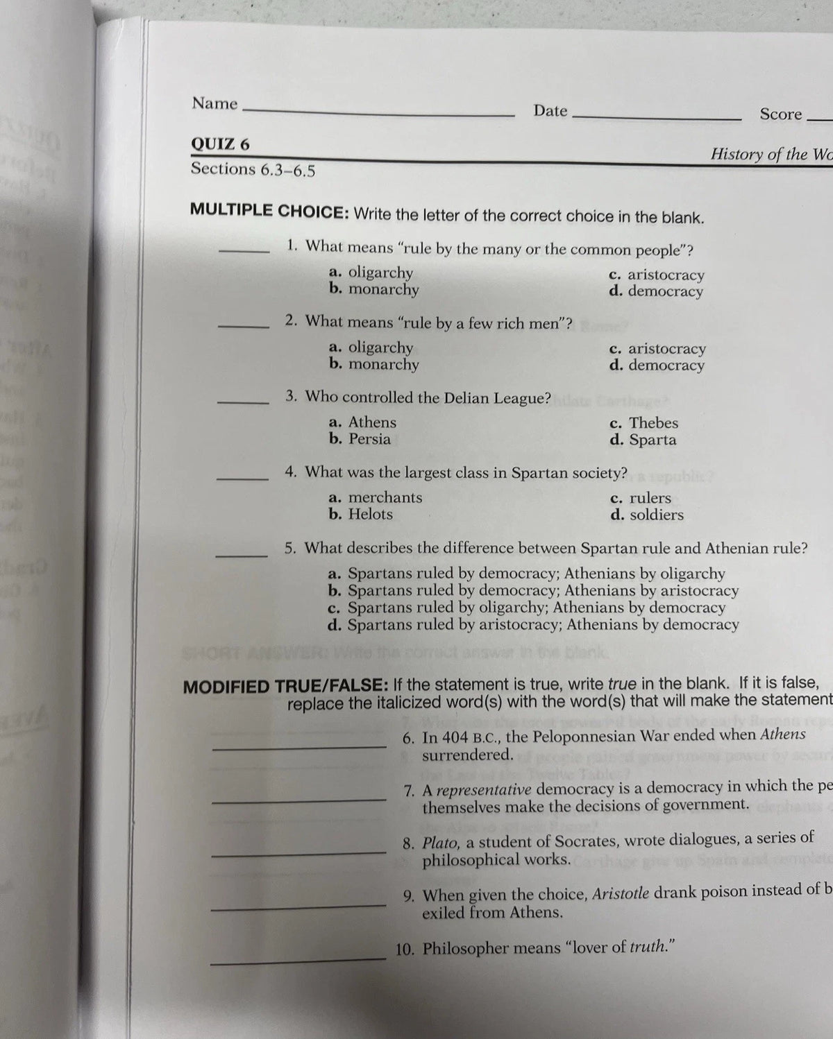 Abeka History of the World | 5th ed. | Quizzes