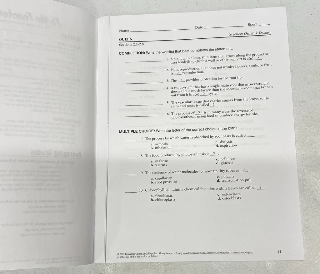 Abeka Science 7 Order & Design | Quizzes