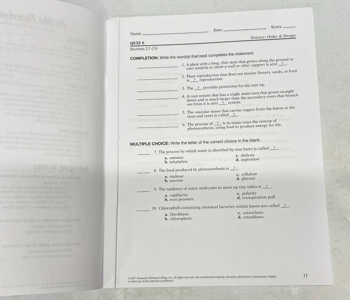 Abeka Science 7 Order & Design | Quizzes